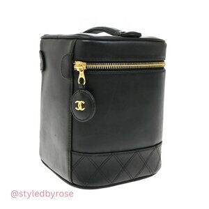 Authentic Vintage Chanel Vanity Case Collectible – 24k Gold + Black Calfskin